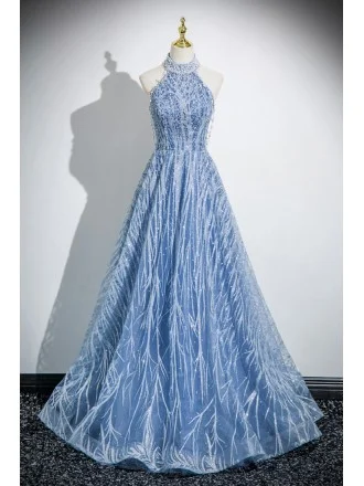 Fancy Blue Beaded Long Halter Prom Dress With Beadings
