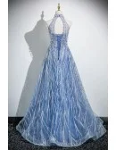 Fancy Blue Beaded Long Halter Prom Dress With Beadings