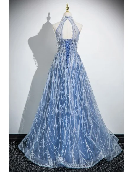 Fancy Blue Beaded Long Halter Prom Dress With Beadings