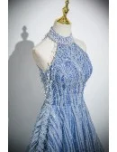 Fancy Blue Beaded Long Halter Prom Dress With Beadings