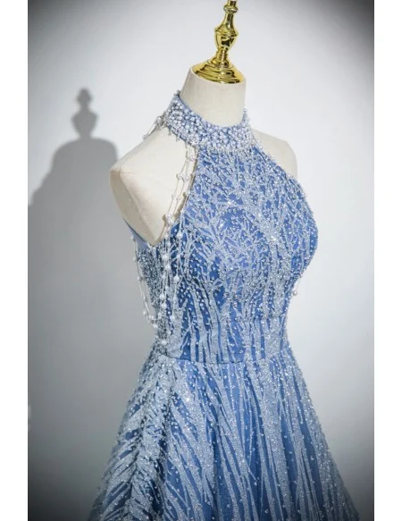 Fancy Blue Beaded Long Halter Prom Dress With Beadings