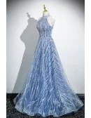 Fancy Blue Beaded Long Halter Prom Dress With Beadings