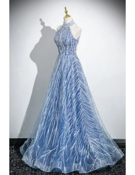 Fancy Blue Beaded Long Halter Prom Dress With Beadings
