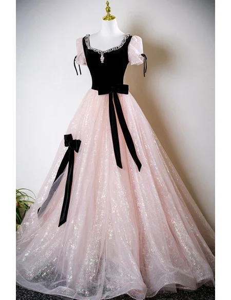 Sparkly Pink And Black Lovely Prom Dress With Beaded Neckline
