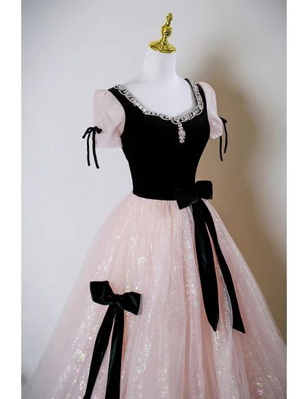 Sparkly Pink And Black Lovely Prom Dress With Beaded Neckline