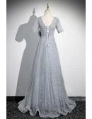 Silver Sequined Aline Long Prom Dress With Sleeves