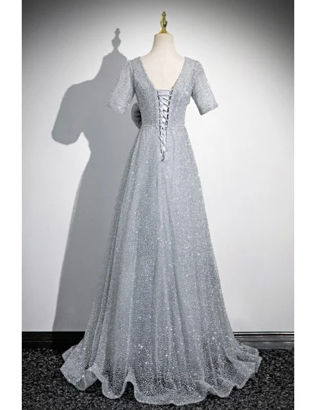 Silver Sequined Aline Long Prom Dress With Sleeves