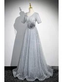 Silver Sequined Aline Long Prom Dress With Sleeves