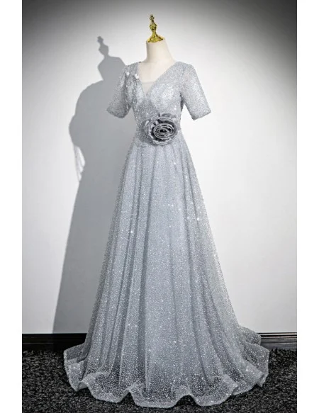Silver Sequined Aline Long Prom Dress With Sleeves