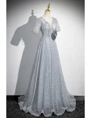 Silver Sequined Aline Long Prom Dress With Sleeves