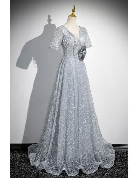 Silver Sequined Aline Long Prom Dress With Sleeves