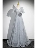 Silver Sequined Aline Long Prom Dress With Sleeves