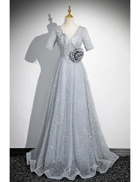 Silver Sequined Aline Long Prom Dress With Sleeves