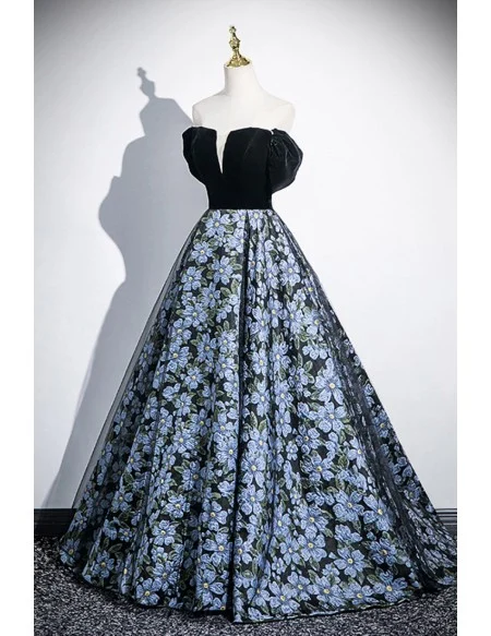 Dreamy Blue Flowers Long Prom Dress With Off Shoulder