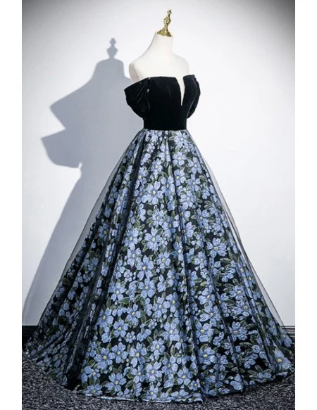 Dreamy Blue Flowers Long Prom Dress With Off Shoulder