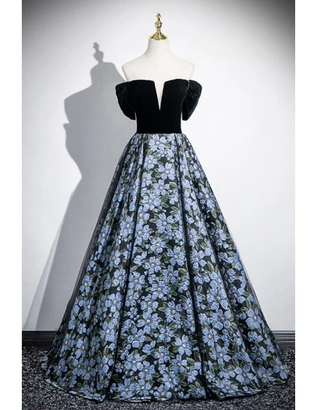 Dreamy Blue Flowers Long Prom Dress With Off Shoulder