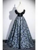 Dreamy Blue Flowers Long Prom Dress With Off Shoulder
