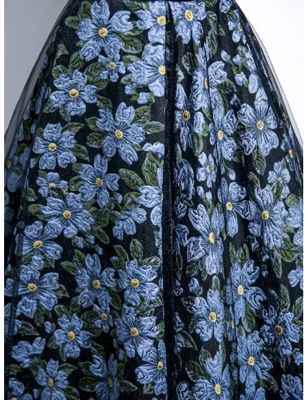 Dreamy Blue Flowers Long Prom Dress With Off Shoulder