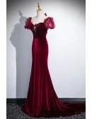 Mermaid Slim Fit Velvet Burgundy Long Prom Dress With Bubble Sleeves
