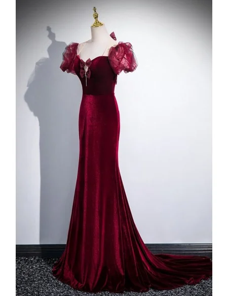 Mermaid Slim Fit Velvet Burgundy Long Prom Dress With Bubble Sleeves