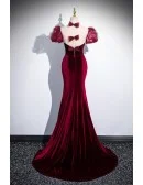 Mermaid Slim Fit Velvet Burgundy Long Prom Dress With Bubble Sleeves