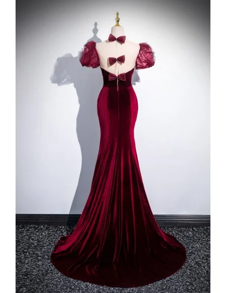 Mermaid Slim Fit Velvet Burgundy Long Prom Dress With Bubble Sleeves