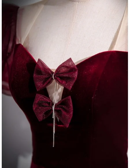Mermaid Slim Fit Velvet Burgundy Long Prom Dress With Bubble Sleeves