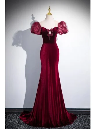 Mermaid Slim Fit Velvet Burgundy Long Prom Dress With Bubble Sleeves