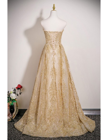 Elegant Champagne Gold Sparkly Sequined Evening Prom Dress Strapless