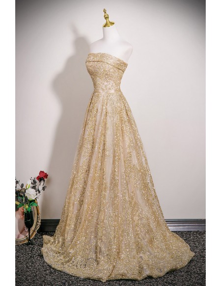 Elegant Champagne Gold Sparkly Sequined Evening Prom Dress Strapless