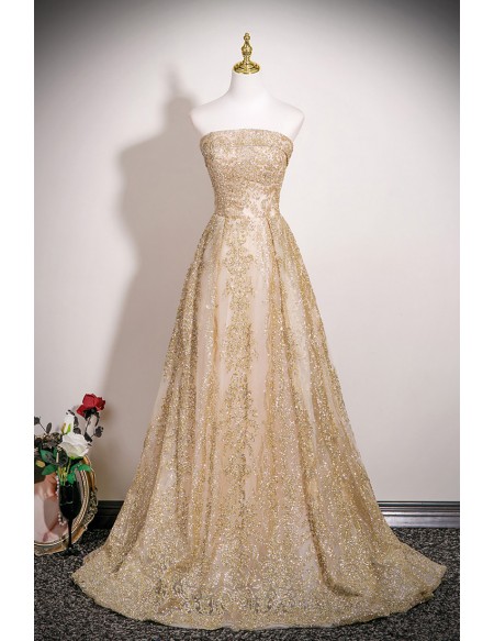 Elegant Champagne Gold Sparkly Sequined Evening Prom Dress Strapless