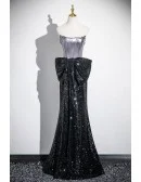 Sparkly Black Sequined Mermaid Evening Prom Dress With Big Bow Front