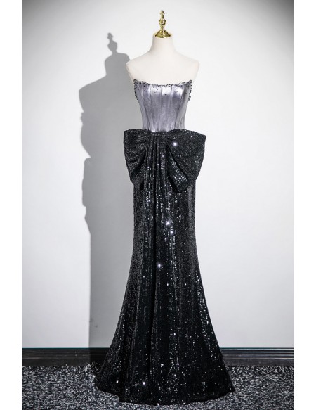 Sparkly Black Sequined Mermaid Evening Prom Dress With Big Bow Front