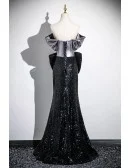 Sparkly Black Sequined Mermaid Evening Prom Dress With Big Bow Front