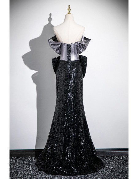 Sparkly Black Sequined Mermaid Evening Prom Dress With Big Bow Front