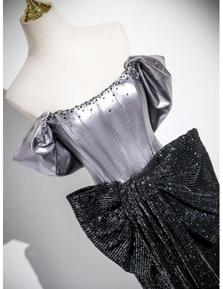 Sparkly Black Sequined Mermaid Evening Prom Dress With Big Bow Front
