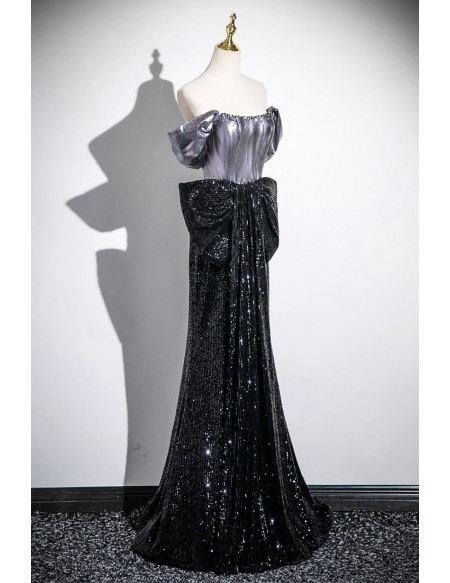 Sparkly Black Sequined Mermaid Evening Prom Dress With Big Bow Front