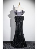 Sparkly Black Sequined Mermaid Evening Prom Dress With Big Bow Front