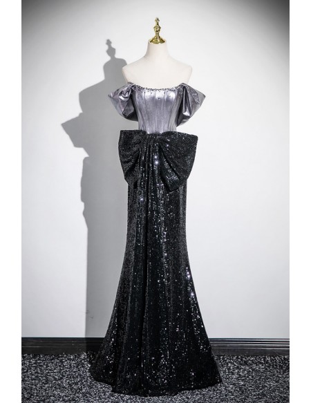 Sparkly Black Sequined Mermaid Evening Prom Dress With Big Bow Front
