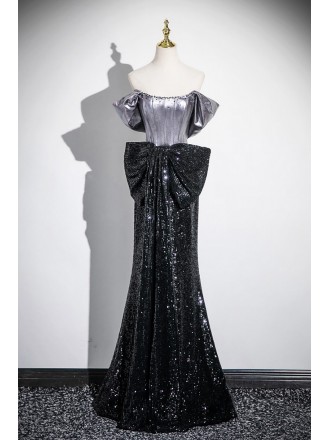 Sparkly Black Sequined Mermaid Evening Prom Dress With Big Bow Front