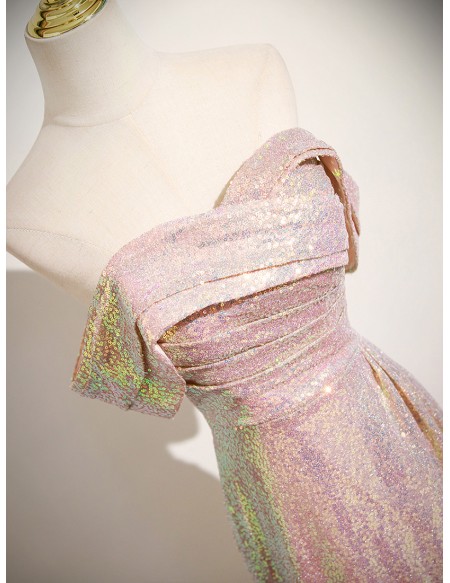 Pleated Off Shoulder Pink Sequined Sparkly Mermaid Prom Dress
