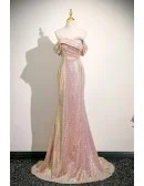 Pleated Off Shoulder Pink Sequined Sparkly Mermaid Prom Dress