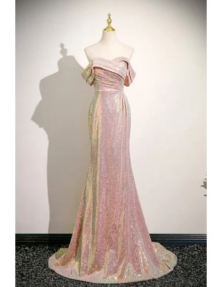 Pleated Off Shoulder Pink Sequined Sparkly Mermaid Prom Dress