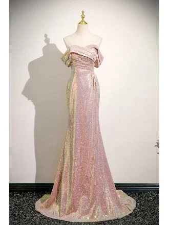 Pleated Off Shoulder Pink Sequined Sparkly Mermaid Prom Dress