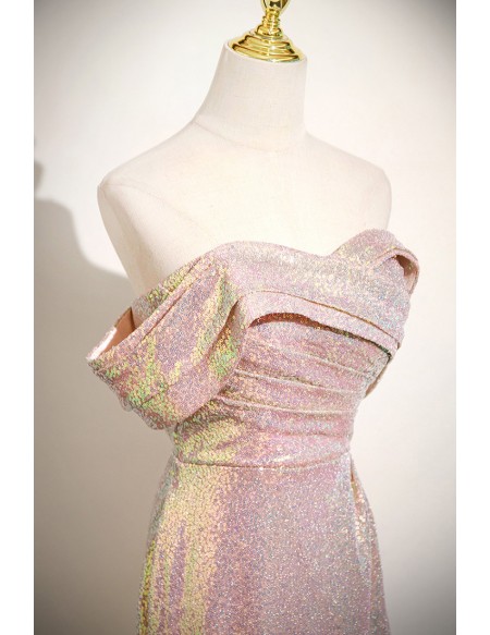 Pleated Off Shoulder Pink Sequined Sparkly Mermaid Prom Dress
