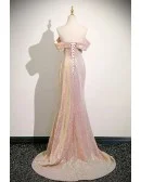 Pleated Off Shoulder Pink Sequined Sparkly Mermaid Prom Dress