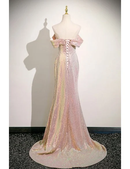 Pleated Off Shoulder Pink Sequined Sparkly Mermaid Prom Dress