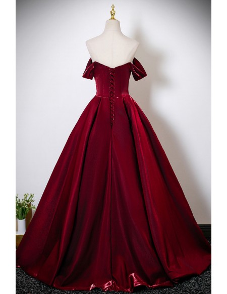 Sleek Burgundy Formal Long Prom Dress Off Shoulder With Beadings