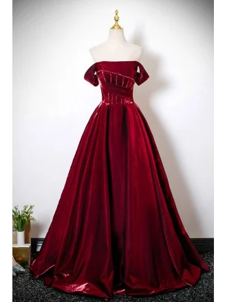 Sleek Burgundy Formal Long Prom Dress Off Shoulder With Beadings