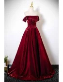 Sleek Burgundy Formal Long Prom Dress Off Shoulder With Beadings